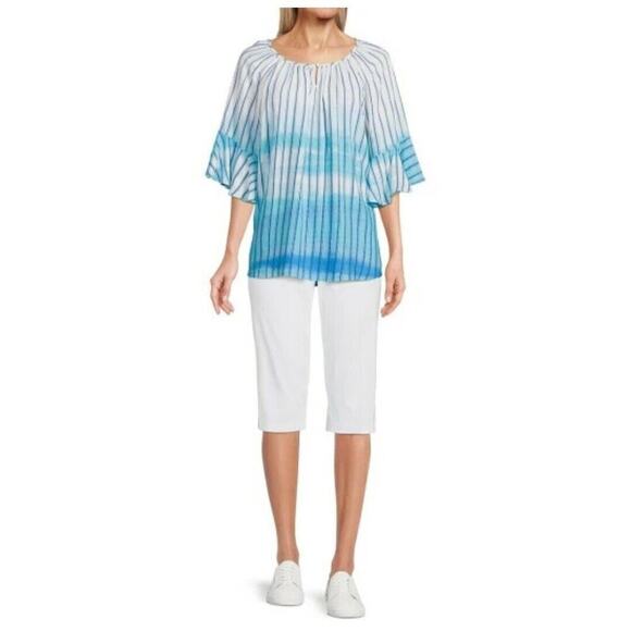 Allison Daley Petite Large Vertical Stripe Ombre Blue Print 3/4 Flutter Sleeve - Picture 3 of 5